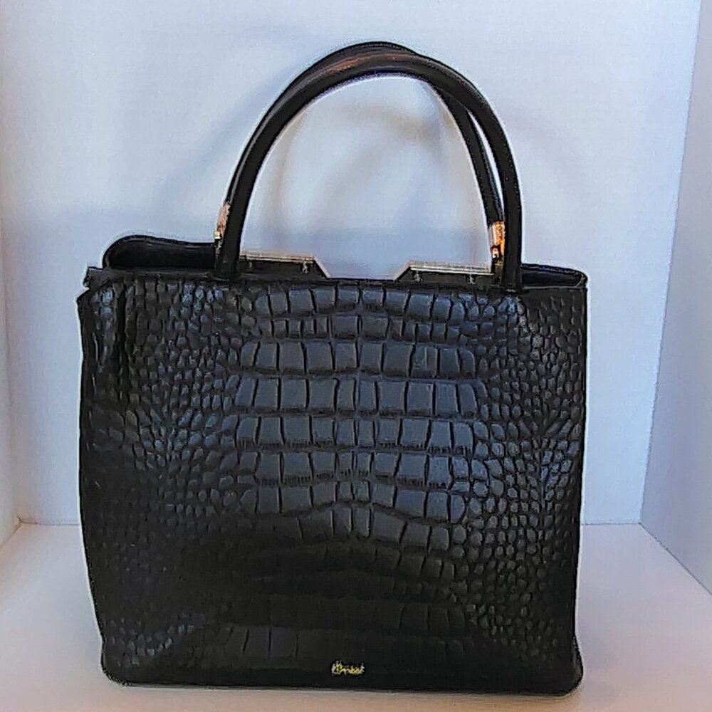 Crossi Black Gold Purse Handbag Crocodile Bag Zipper Tassle Pockets - Picture 11 of 13